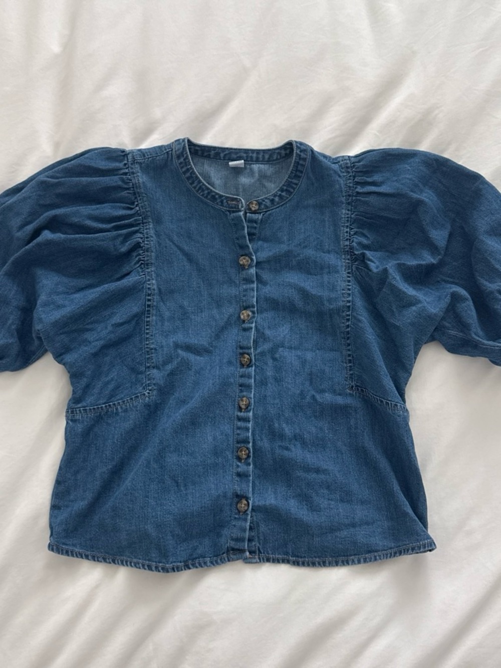 Old Navy Denim Button-Front Puff Sleeve Top - Dark Blue